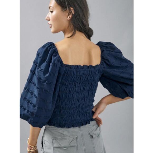 Anthropologie Maeve Bree Milkmaid Smocked Puff Sleeve Crop Top Navy Size XL - Picture 3 of 10